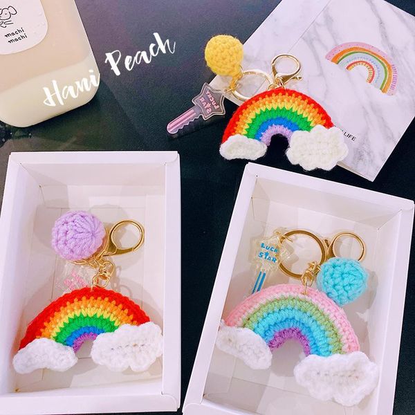 

keychains compile rainbow manual keychain lovely knitting ball backpack bag car key accessories pendant woman charm keyring fine gift, Silver