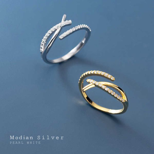 Sparkling Clear Cz Cruz Geométrica Carta X Forma Aberta Ajustável Sterling Silver 925 Ring para Mulheres Fine Jewelry Presente 210707