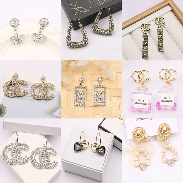 

20color 18k gold plated luxury brand designers letters stud clip chain geometric famous women tassel crystal rhinestone pearl earring weddin, Golden;silver