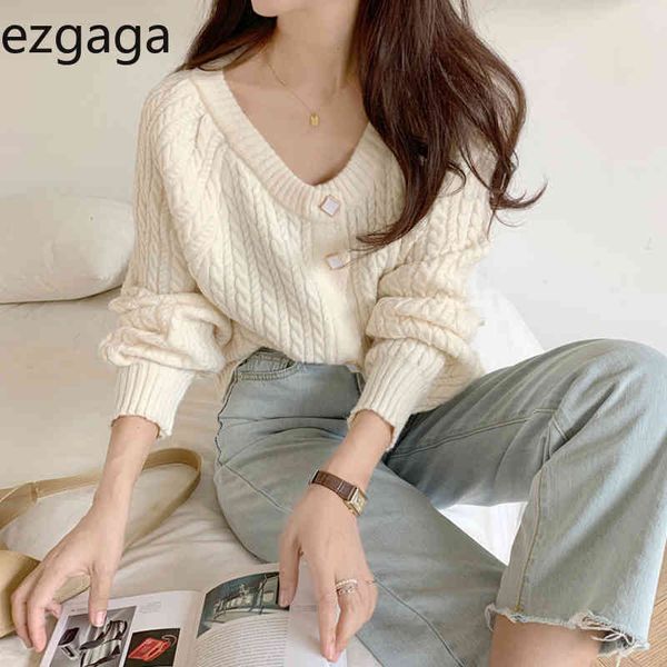

ezgaga sweater women autumn winter solid loose v-neck long sleeve tender korean chic female cardigan streetwear knitwear fashion 210430, White