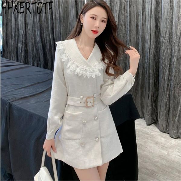 

casual dresses spring autumn winter fashion tweed women white long sleeve v-neck double breasted vintage elegant dress with belt, Black;gray