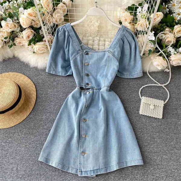 

ins women's hollow midriff outfit buckle slim summer denim dress lady square neck short sleeve jeans vestidos m844 210527, Black;gray