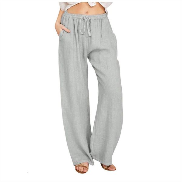

summer clothing casual solid womens pants cotton linen drawstring elastic waist long wide leg sports trousers, Black;white