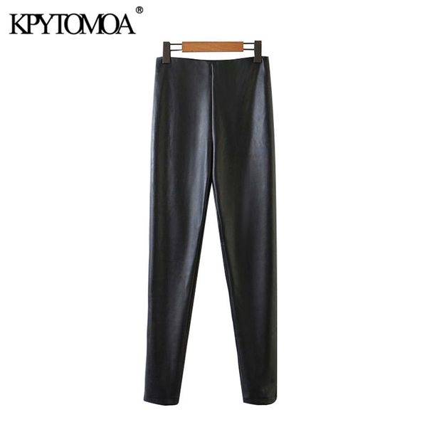 

women chic fashion pu faux leather skinny pants vintage high waist side zipper stretchy slim female ankle trousers 210420, Black;white