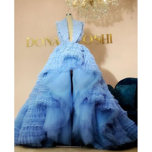 

party dresses blue luxury elegant wedding deep v-neck crystals ruffles tiered hi-lo ball gown women evening gowns custom made, White;black