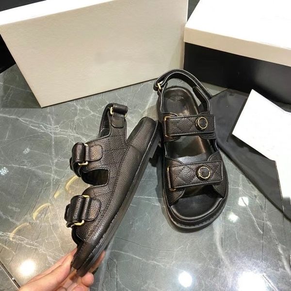 

luxury designer womens flat sandals crystal calfskin open toe pearl buckle platforms casual thick soled shoes women platform sandal 34-41, Black