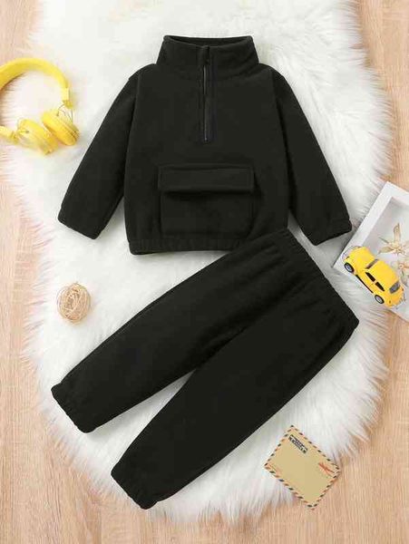 

baby flap pocket half zipper fleece pullover & pants she, White