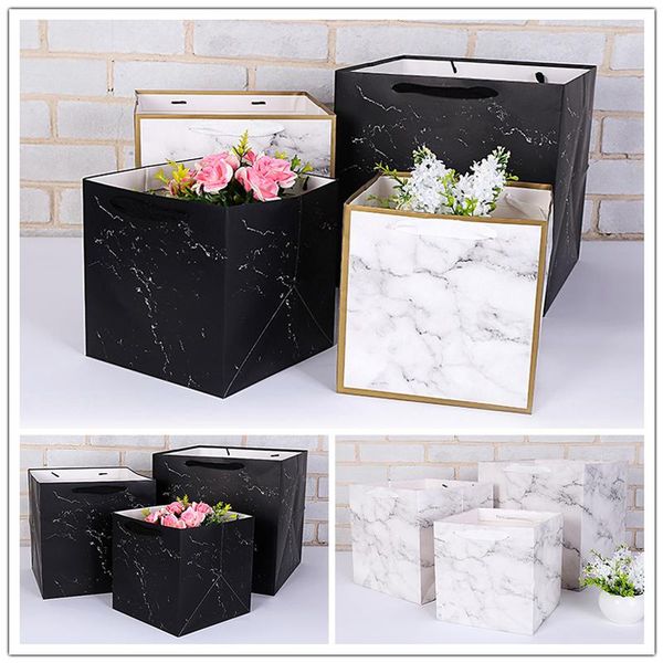 

portable festival gift paper bag marble pattern square black white kraft flower wrapping year party packaging wrap