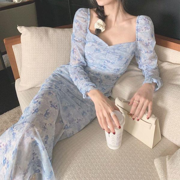 

summer chiffon elegant dress women french sweet print floral long female casual v-neck holiday pretty party 2021 dresses, Black;gray