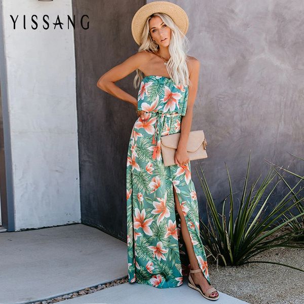 

yissang print summer maxi long dress women off shoulder ruffles split beach ladies dresses strapless vintage elegant sundress, Black;gray