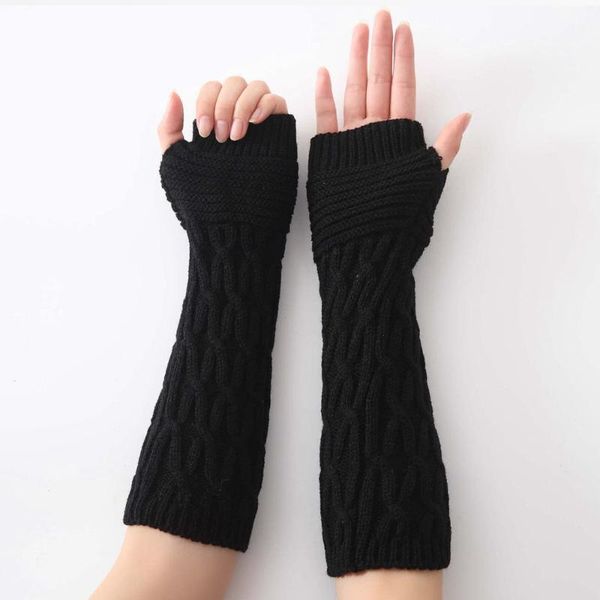 

sports gloves 1pair semi-long autumn winter knitted half fingered hand warmer women girls rhombus thick soft elastic arm sleeves mitten, Black