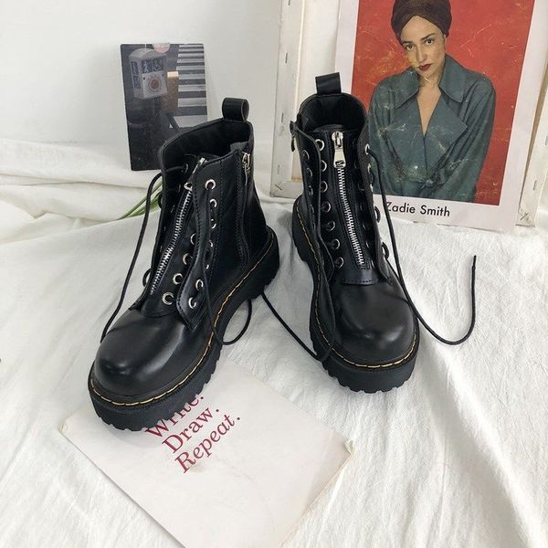 

women pocket boot lace up ladies ankle boots female buckle strap black chunky sole pouch ankle boots woman platform shoe fashion