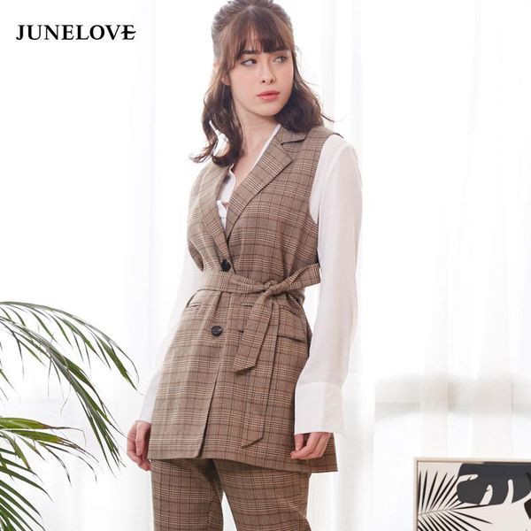 

women's vests junelove 2021 spring vintage plaid blazer women casual sleeveless pockets ol coat waistcoat female single breasted vest o, Black;white