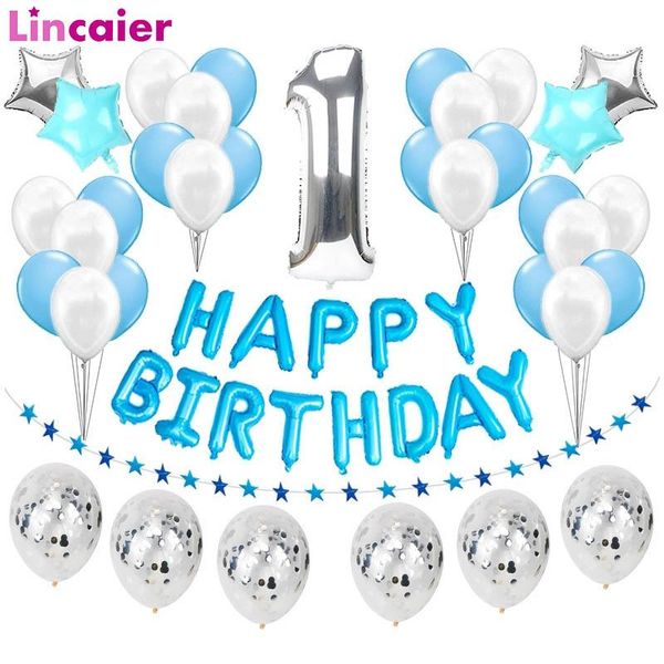 

party decoration first birthday boy blue silver confetti balloons banner 1st happy decorations baby my 1one year decor