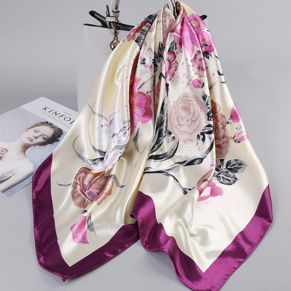 

scarves headscarf women scarf purple flower print summer neck office lady square 90x90cm silk kerchief hair handkerchief, Blue;gray