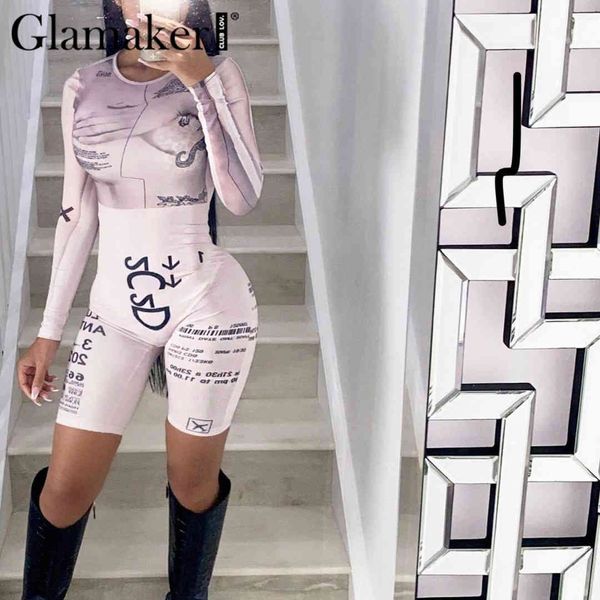 

glamaker transparent spring summer playsuit women fashion printed short jumpsuit thin casual sportswear overalls new 210414, Black;white