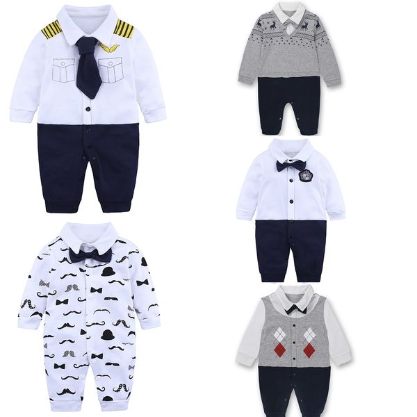 

newborn baby gentleman clothes long sleeves romper ties boys shirt outfit wedding anniversary formal tuxedo overall bowties 210413, Blue
