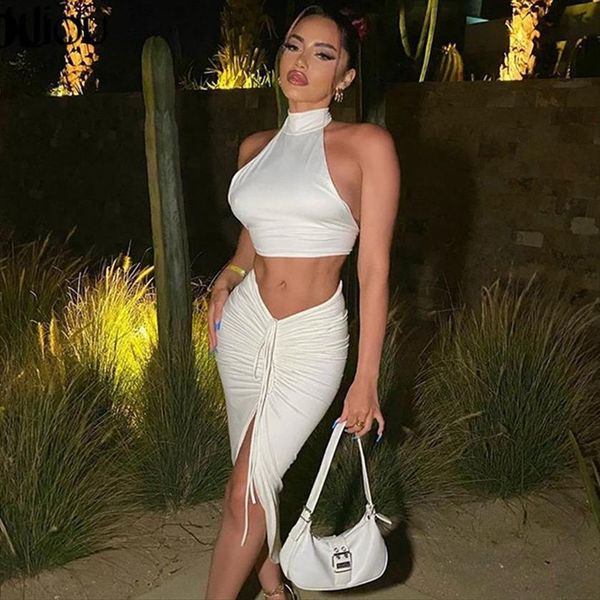 

halter crop drawstring women tracksuits dress two piece set turtleneck lace up backless camis slit skirt vacation clubwear, Gray