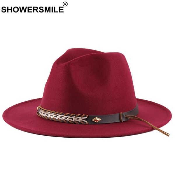 

wide brim hats showersmile winter autumn for women men imitation woolen ladies fedoras jazz hat british style round caps burgundy, Blue;gray