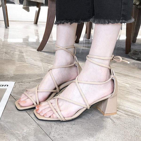 

corporis 2021 summer shoes woman sandals lace up square high heels ladies elegant women, Black