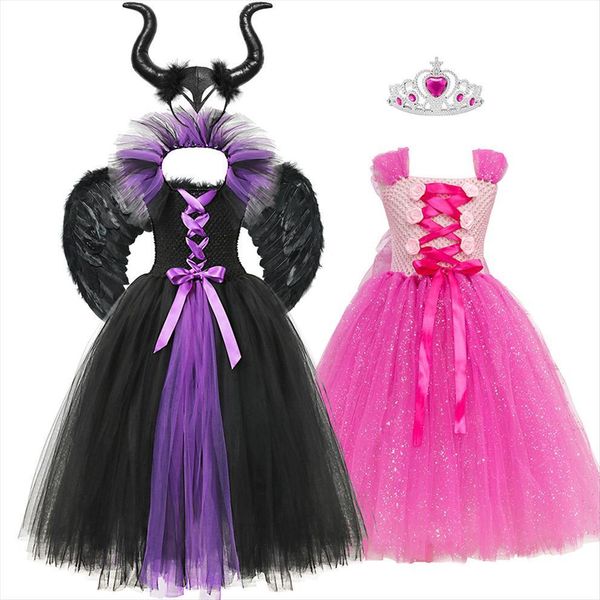 

fashion evil queen tutu witch girl dress cosplay costume devil horn wing sleeping beauty up for party halloween, Red;yellow