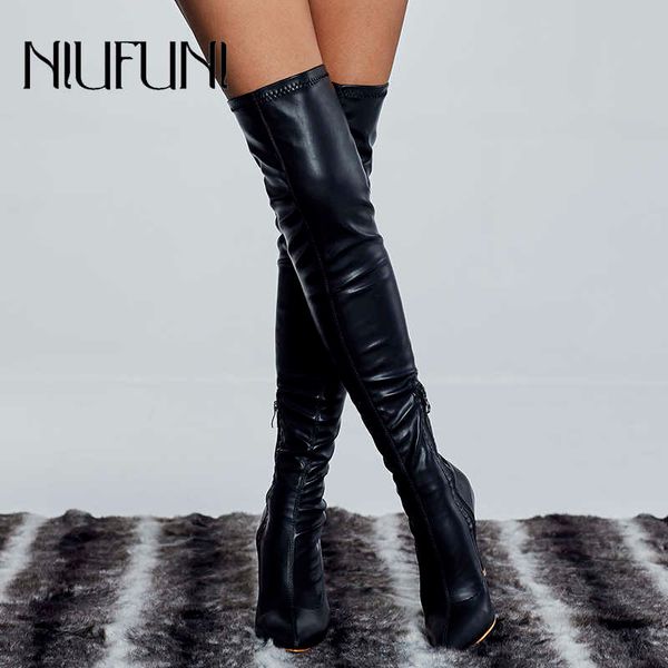 

elasticity genuine leather pointed slim zipper women over the knee heel thigh high woman boot stiletto high heels women's shoes 210911, Black