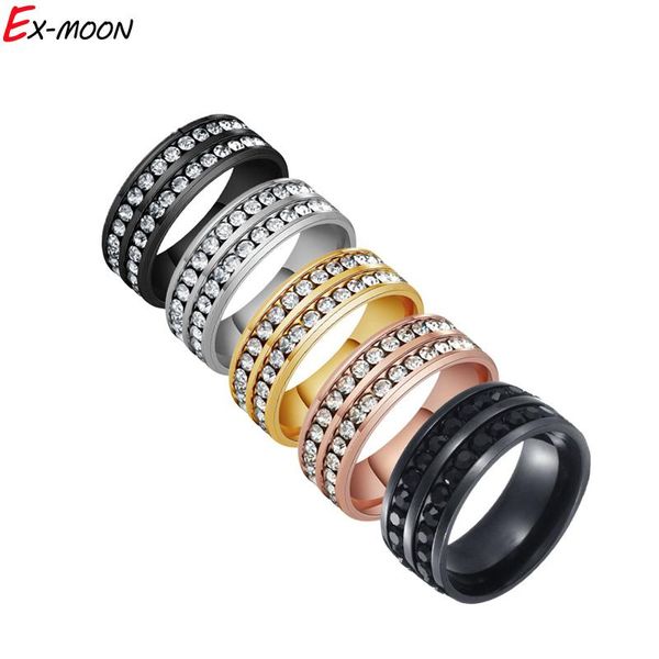 

wedding rings 8mm wide stainless steel for women men 2 row crystal zircon ring girls female jewelry, Slivery;golden