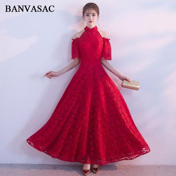 

party dresses banvasac 2021 a line halter lace embroidery long evening vintage half ruffles sleeve prom gowns, White;black