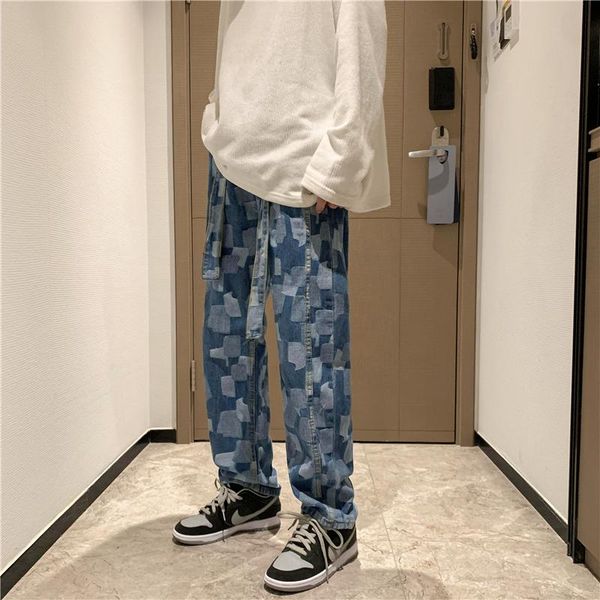 

men's jeans men streetwear blue straight plaidjeans 2021 hip hop women black korean fashions harem pants male denim oversize