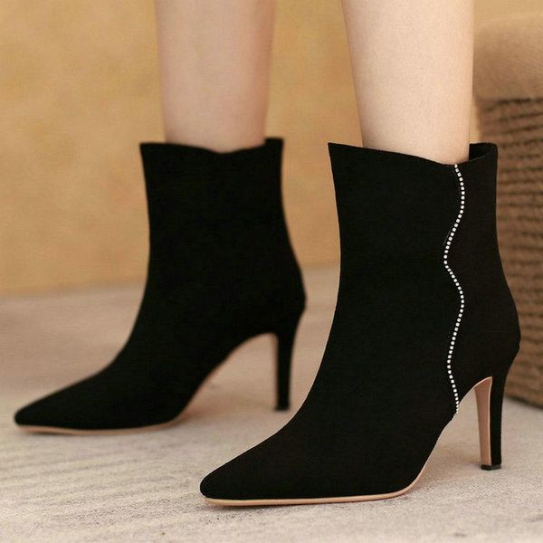 

boots black blue purple women ankle faux suede pointed toe thin high heel ladies short dress autumn winter women's