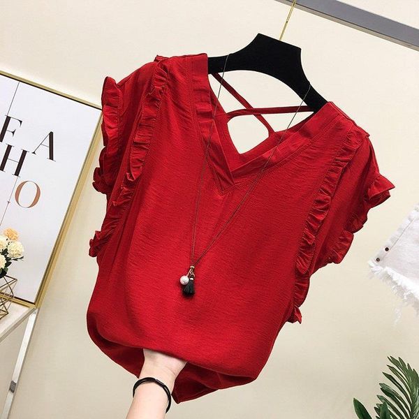 

women shirts vintage ruffle blouse chiffon short sleeve v neck batwing backless korean fashion clothes ladies summer casual, White