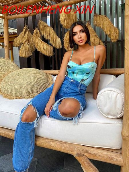 

springtime streetwear ripped hole high waist jeans 2021 women pants casual straight denim vintage capris bottom skinny women's, Blue