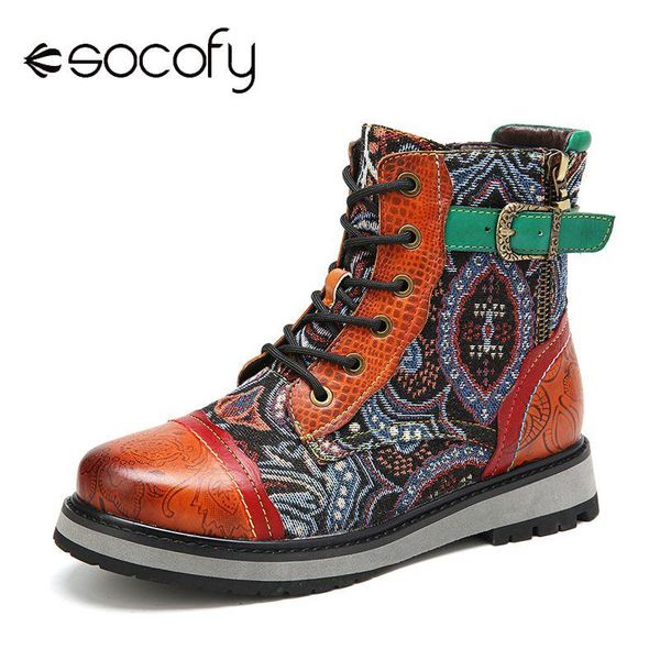 

boots socofy retro style round toe ankle bootsfloral embossed leather lace-up zipper casual outdoor flat short botas mujer 2021, Black