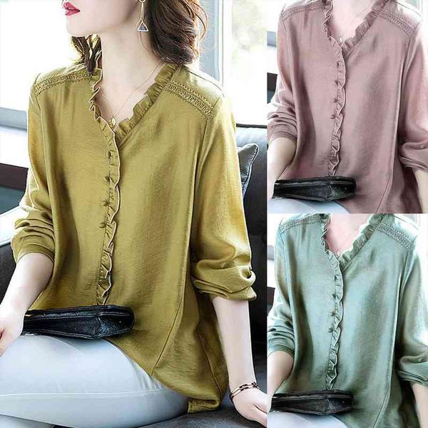 

spring women elegant solid color loose flounce shirt v neck long sleeves blouse plus size blusa feminina 4xl, White