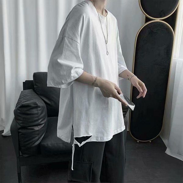 

summer cotton ripped t shirt men's fashion casual short-sleeved t-shirt men streetwear korean loose hip-hop hole tshirt mens t-shirts, White;black