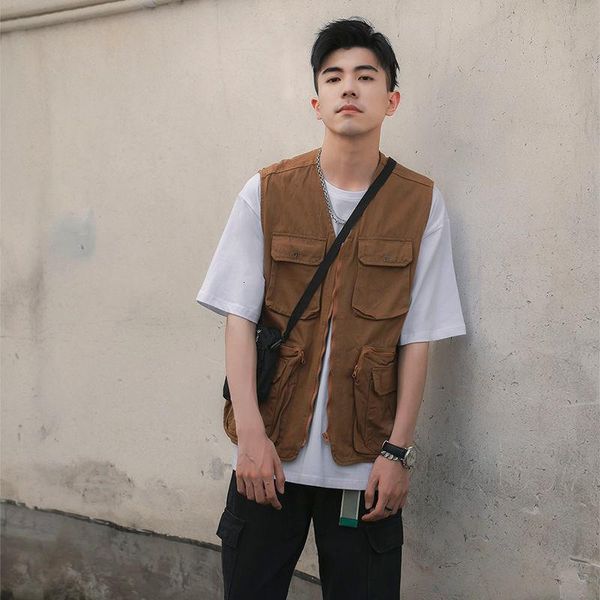 

men's vests autumn cotton tooling vest fashion retro black/khaki/army green men streetwear loose hip hop pocket jacket mens, Black;white