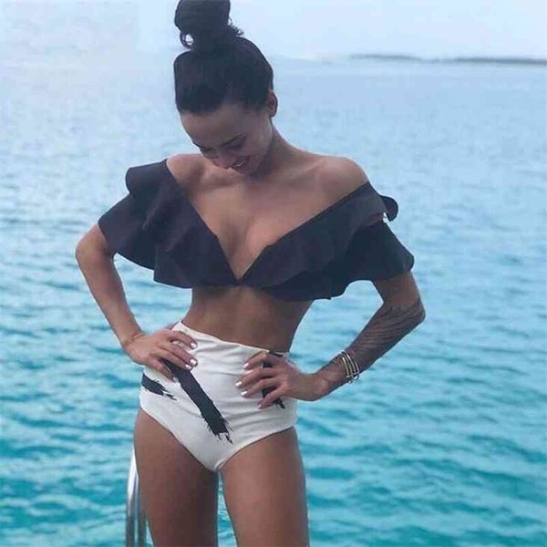 

bikini push up swimwear women high waist swimsuit bandage bathing suit ruffle set summer biquini female 210621, White;black