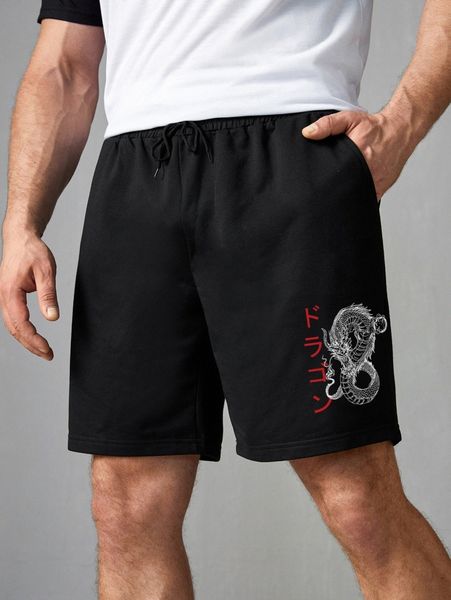 

extended sizes men japanese letter & chinese dragon graphic shorts c0nw#, Black