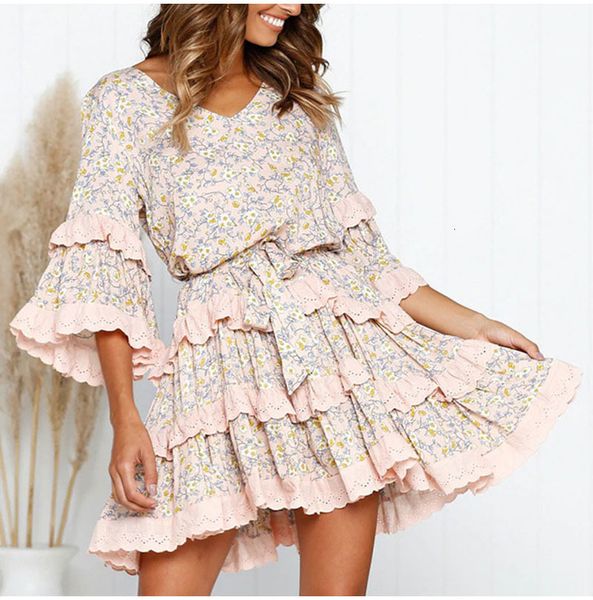 

a line sleeve print layered ruffle elegant summer short pink sweet cake women chiffon casual, Black;gray