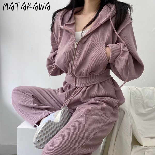 

matakawa korea chic autumn and winter candy color hooded coat + high waist mopping casual pants sports outfits for women 210513, White