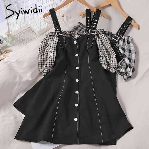 

syiwidii fake 2 piece camis dresses women contrase color spliced slash neck plaid puff sleeve a-line summer korean fashion 210417, Black;gray
