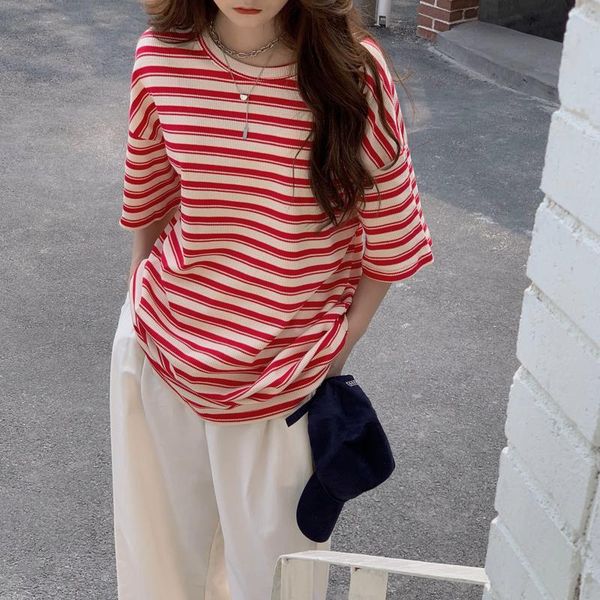 

korean striped short-sleeved t-shirt lazy style contrast summer loose wild women's, White