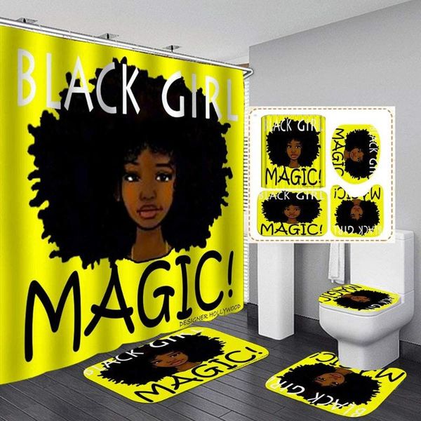 

bath accessory set 4 pcs blue american afro women decor washable non-slip rugs absorbent mats and waterproof shower curtain with plastic hoo