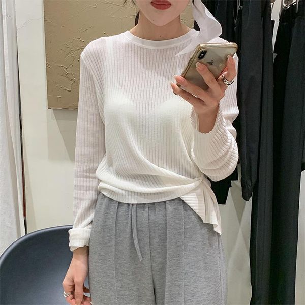 

women's t-shirt 2021 spring design all-match loose o neck pullovers thin striped bottoming knitted shirt female long sleeve knit, White
