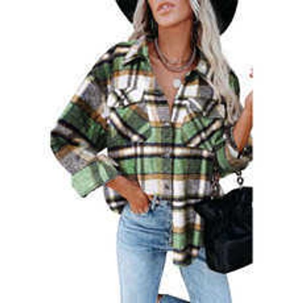 

ins net red autumn street temperament long sleeve lapel loose plaid shirt medium length coat, White