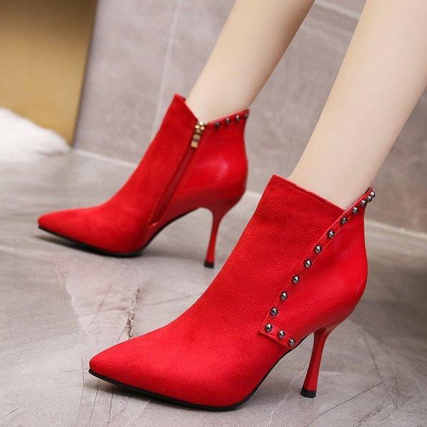 

boots autumn and winter ladies high heels. fashion european american style short fine heel rivets bare, Black