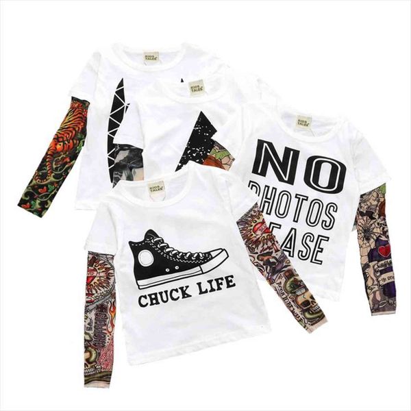 

long sleeve novelty tattoo graphic t shirts spring autumn children clothing boys cotton kids clothes girls, Blue
