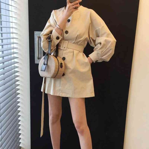 

casual dress woman spring korean single-breasted v-neck loose waist lantern sleeves mid-length shirt dresses, Black;gray