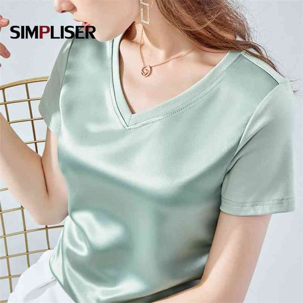 

satin t-shirts women summer loose cotton tees artifical silk lady clothes purple tee shirts femme red 210330, White