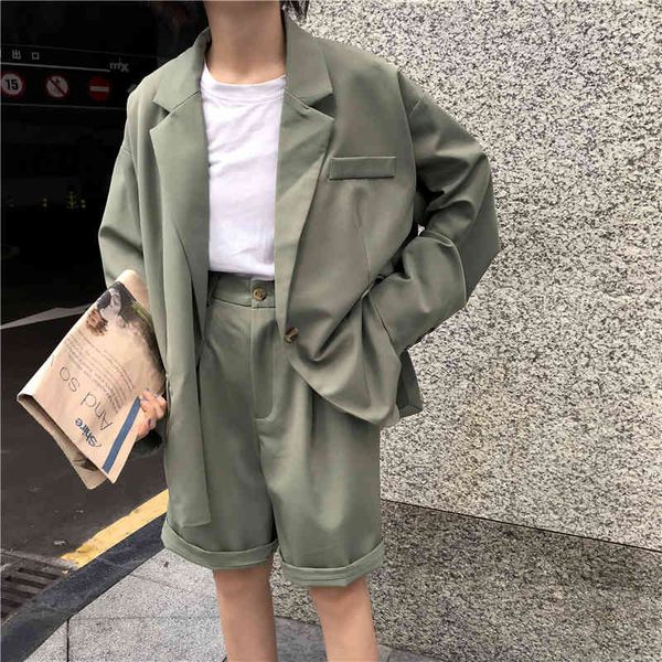 

streetwear vintage fashion 2 piece outfits women solid casual blazers high waist suit short pants lady sets 27d 210420, White